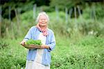 Elderly woman with grey hair standing in a garden, holding basket with fresh vegetables, smiling at camera.