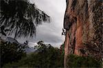 Rock climber climbing sandstone rock, low angle view, Liming, Yunnan Province, China
