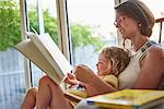 Mother and toddler daughter reading by patio door