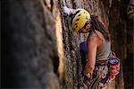 Woman trad climbing at The Chief, Squamish, Canada