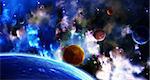 A beautiful space scene with sun, planets and nebula. Elements of this image furnished by NASA. 3d render