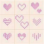 Valentine Day. Set of 9 hearts. Handwork cross-stitch