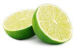 Two halves of green lime citrus fruit isolated on white background. Lime halves with clipping path