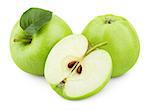 Group of ripe green apple fruits with apple half and green apple leaf isolated on white background. Apples with clipping path