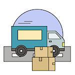 White delivery van with shadow and cardboard boxes on city background. Product goods shipping transport. Fast service truck