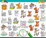 Cartoon Illustration of Find One of a Kind Picture Educational Activity Game for Children with Cats or Kittens Funny Animal Characters