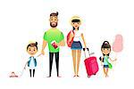 Travelling family people waiting for airplane or train. Cartoon dad, mom and child traveling together. Young cartoon couple, girl and boy go on vacation with suitcases and bags. Man holds tickets and passports. Happy big family leave on the sea resort