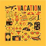 Vacation and Tourism Concept with two color Flat Icons Boat, Cocktail, Island, Aircraft and Tickets. Isolated vector illustration