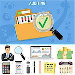 Auditing, Business Accounting Concept. Auditor Holds Magnifying Glass in Hand. Flat Style Icons Folder with checked up Financial Reports, Calculator and money. Isolated Vector Illustration