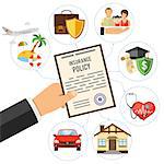 Insurance Services Concept with hand hold insurance policy and flat icons House, Education, Money and Family. Isolated vector illustration