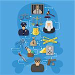 Crime and Punishment Infographics in Flat style icons such as Thief, Money, Gavel, Scales, Policeman, Judge, Handcuffs and Prison. Vector illustration