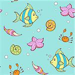 Doodle summer marine seamless pattern with fish and sea shells. Vector illustration.