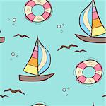 Doodle seamless pattern with sailing ship and lifebuoy on a green background. Vector illustration.