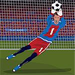 Football gameplay. Soccer goalkeeper catching ball with his hands in the fall, front face view, football goal on background. World Cup lettering