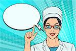 The woman doctor says or recommends, a comic book bubble. Pop art retro vector illustration cartoon comics kitsch drawing