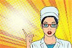 Surprised doctor woman presentation gesture. Pop art retro vector illustration cartoon comics kitsch drawing