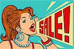 Woman announcing sale. Pop art retro vector illustration comic cartoon kitsch vintage drawing