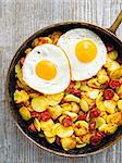 close up of a pan of rustic sausage potato hash