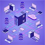 Data Network Cloud Computing Technology Isometric business concept with network server, computer, laptop, router and database. Storage and transfer data. Vector illustration