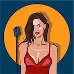 Female jazz or soul singer, karaoke club. girl having fun on Friday. Young woman in red dress. Vector banner or sign, illustration