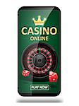 Online Internet casino marketing banner. phone app with dice, poker and roulette wheel. Playing Web poker and gambling casino games. Vector illustration EPS 10