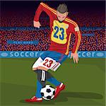 Soccer gameplay. Close up of football player kicking ball on football field, front side view, spectator area on background. Realistic style