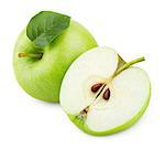 Ripe green apple fruit with apple half and green apple leaf isolated on white background. Apple fruits with clipping path