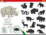 Cartoon Illustration of Finding All Rhinoceros Shadows Educational Activity for Children