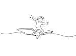 Little boy flying on book in the sky. Vector illustration. Continuous line drawing. Concept for logo, card, banner, poster, flyer