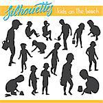 Vector silhouettes of kids and children. Kids on the beach