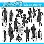 Vector silhouettes of kids and children. Kids and shopping