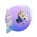 Home repair isometric template. Heating service. Installing thermal system. Repairer is fixing radiator. Builder in uniform holds a tool.  Heating worker and tools. Vector flat 3d illustration.