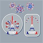 Vector set of Bastille day badges. Silhouette of Eiffel tower and Bastille day fireworks in colors of French flag. Collection of 14 july Bastille day logo.