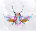 Monotype vivid colorful beetle drawing with different colors on paper background