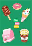 Sweets set of ice cream, strawberry milk, coffee latte, donut, macaroons on a green background. Also available as a Vector in Adobe illustrator EPS format, compressed in a zip file. The different graphics are all on separate layers so they can easily be moved or edited individually.