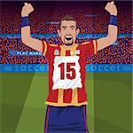 Happy soccer or football player standing with raised hands on stadium field and rejoicing in victory, front side view, spectator area on background. Realistic style
