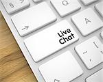 Business Concept with Computer Enter White Key on Keyboard: Live Chat. Online Service Concept: Live Chat on the Slim Aluminum Keyboard lying on Wood Background. 3D Render.