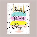 Happy birthday cake card design. Celebration card vector with candles and neon brush strokes decor.