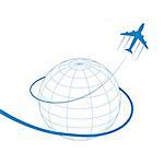 plane with globe and dotted path on white background. Vector illustration.
