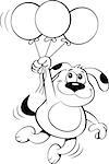 Black and white illustration of a dog holding balloons.