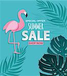Abstract Tropical Summer Sale Background with Flamingo and Leaves. Vector Illustration EPS10