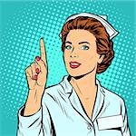 woman nurse attention gesture. Pop art retro vector illustration kitsch vintage