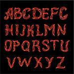 Abstract  red plexus neon font.  Hand drown dooodle latin alphabet. Vector design.