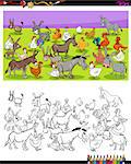 Cartoon Illustration of Donkeys and Chickens Farm Animal Characters Group Coloring Book Activity