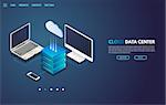 Isometric laptop, monitor and mobile phone connected to cloud storage server with isometric cloud icon. Site landing page or banner for cloud storage business. Trendy gradient and isometric vector.