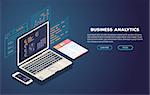 Isometric laptop with software for business analytic. Web pages and window with chart and financial report. Modern trendy gradient and isometric vector illustration.