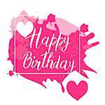 Happy Birthday calligraphy letters on pink spot background with hearts. Bright postcard. Festive typography vector design for greeting cards