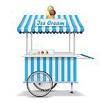 Realistic street food cart with wheels. Mobile blue ice cream market stall template. Ice cream market cart mockup. Vector illustration EPS 10