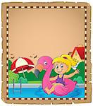 Parchment with girl on flamingo float 1 - eps10 vector illustration.