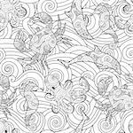 Serene hand drawn outline seamless pattern with waves, sea animals - dolphin, seahorse, crab, octopus isolated on white background. Coloring book for adult and older children. Art vector illustration.